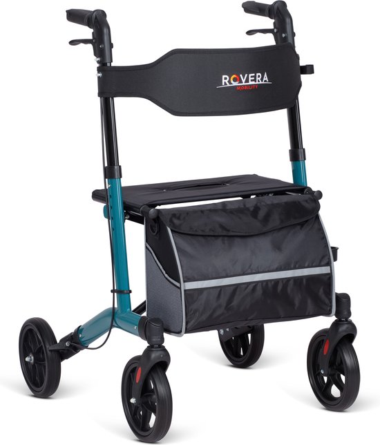 Vooraanzicht van een turquoise rollator met zwarte tas, zitting en rugsteun.