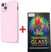 Solid hoesje Soft Touch Liquid Silicone + 1X Screenprotector Tempered Glass [Camera all-round bescherming] - Geschikt voor: iPhone 15 - Lichtroze