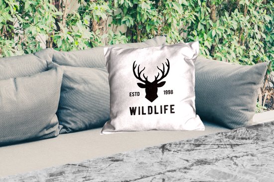 Coussin d'extérieur résistant aux intempéries - Cerf - Logo - Zwart - Wit - 50x50 cm