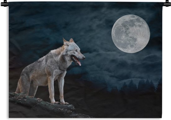 Wandkleed - Wanddoek - Wolf - Maan - Nacht - Dieren - Portret - 60x45 cm - Wandtapijt