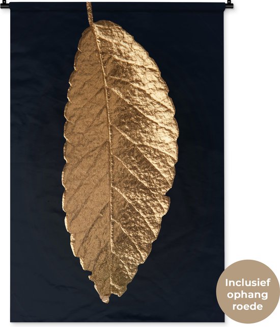 Wandkleed Golden leaves staand - Hangend gouden blad op een zwarte achtergrond Wandkleed katoen 90x135 cm - Wandtapijt met foto