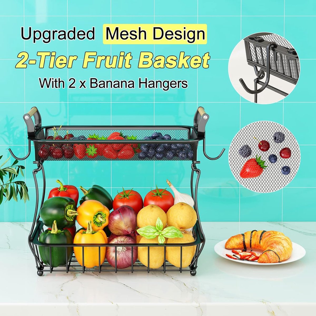Fruitmand 2-laags fruitschaal met 2 bananenhanger keukenaanrecht groententeller grote metalen kommen perfect voor het bewaren van fruit groenten snacks cupcakes zwart
