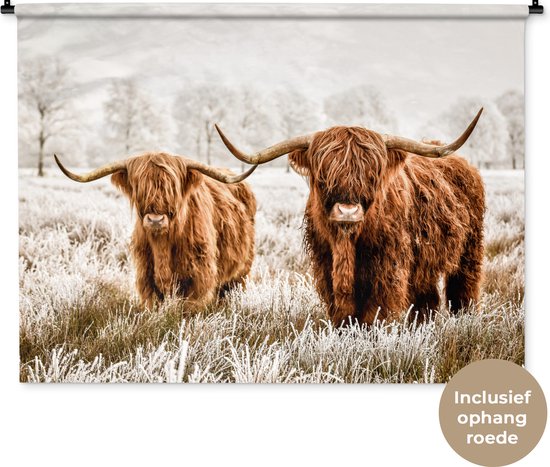 Foto: Wandkleed schotse hooglanders wollige schotse hooglander wandkleed katoen 120x90 cm wandtapijt met foto