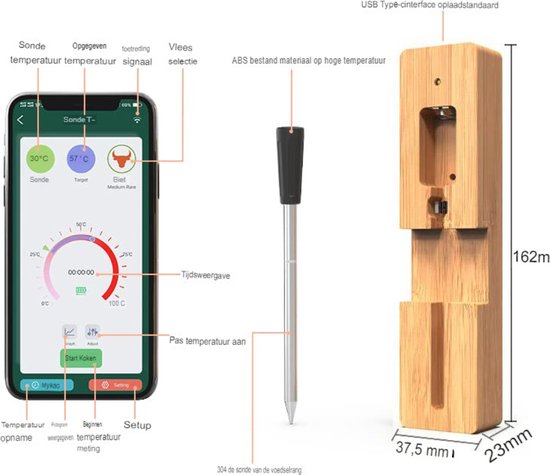 Thermomètre à Viande Sans Fil Bluetooth AIRMSEN - Sonde Inox 304, Portée 150 M, Autonomie 72h, écran LCD - 3