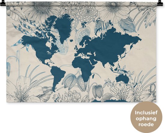 Wandkleed WereldkaartenKerst illustraties - Donkerblauwe wereldkaart versierd met illustraties van bloemen Wandkleed katoen 90x60 cm - Wandtapijt met foto