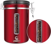 Koffiebus - Grote 1,8 l/650 g, roestvrijstalen koffieopslagcontainer transparant venster bewaar verse koffiebonen, datumtracker, CO2-afgifteklep en maatschep (rood)
