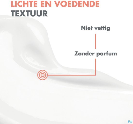 Witte crème met rode tekst "Lichte en voedende textuur".