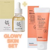 Glowy Skin BEST Set of Joseon Glow Serum + Hanskin Glow Mask - K-Beauty - Propolis - Niacinamide -Hanbang Herb Reducing Acne and Pores - Vitamin C - Ascorbic & Lauric Acid - Kaolin - Fades Pigmentation & Spots - Boosts Collagen