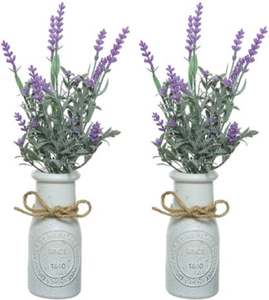 4x stuks lichtpaarse Lavandula/lavendel kunstplant 32 cm in witte pot - Kunstplanten/nepplanten