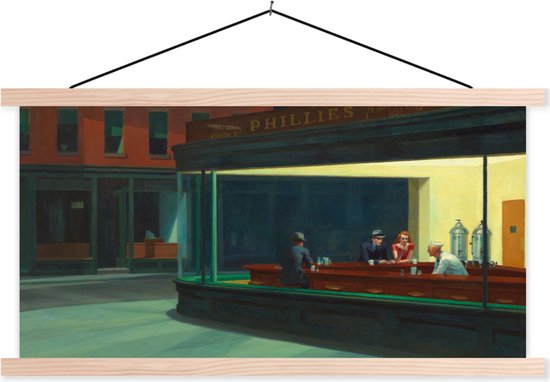 Posterhanger incl. Poster - Schoolplaat - Nighthawks - Edward Hopper - 150x75 cm - Blanke latten