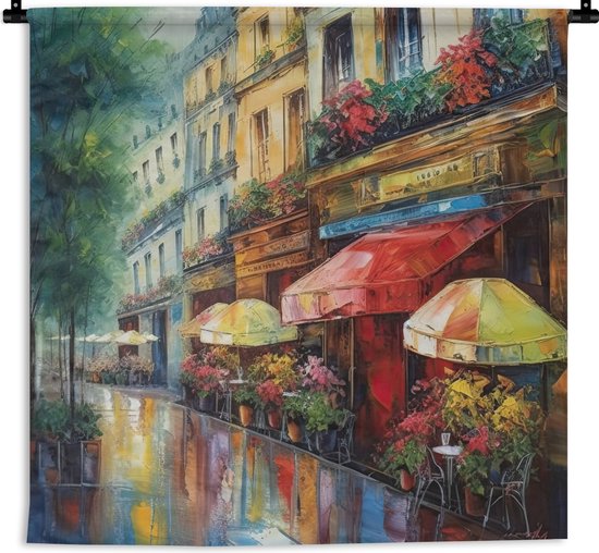 Olieverfschilderij van een Parijse straat met cafés en bloemen, regen reflecteert op de straat.