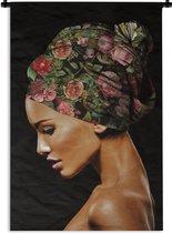Wandkleed - Wanddoek - Vrouw - Hoofddoek - Bloemen - 90x135 cm - Wandtapijt