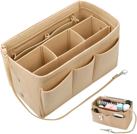 Handtas-organizer, vilten tas-organizer, organizer, tas, duurzame tas organizer, shopper met ritssluiting, binnenvakken voor handtassen (beige, 27 x 15 x 16 cm