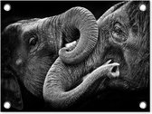 Tuin decoratie Knuffelende olifanten in zwart-wit - 40x30 cm - Tuindoek - Buitenposter