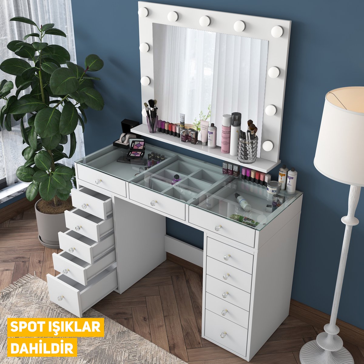 Hollywood Vanity Make-up Tafel – Kaptafel met Verlichte Spiegel – 11 Lades – Wit