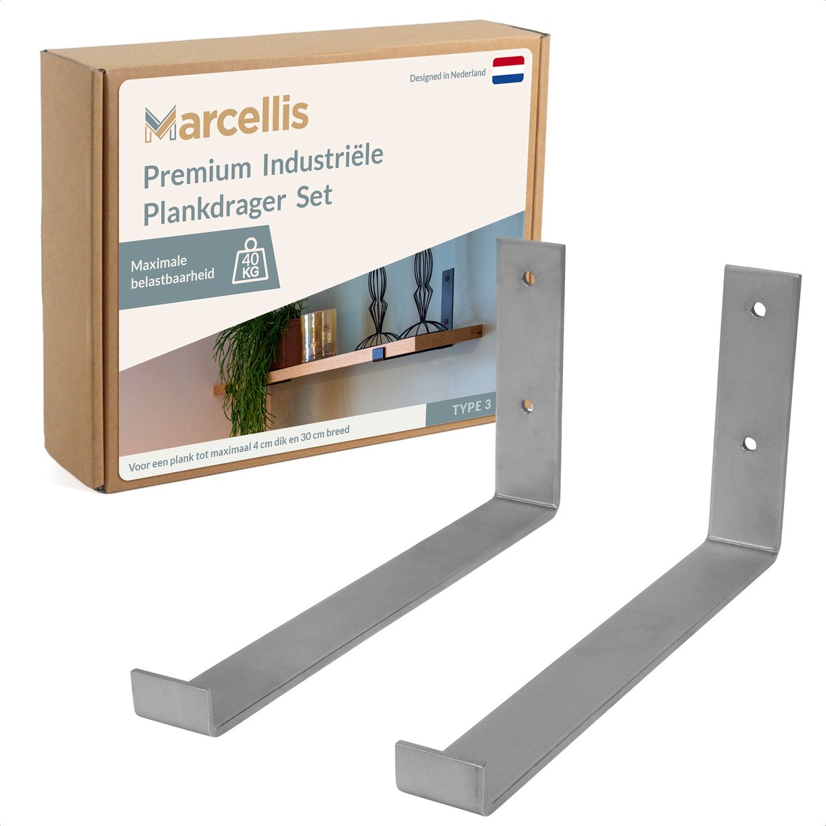 Marcellis - 2x Industriële plankdrager XL - Voor plank 30cm + schroefset - roestvrij staal - T4