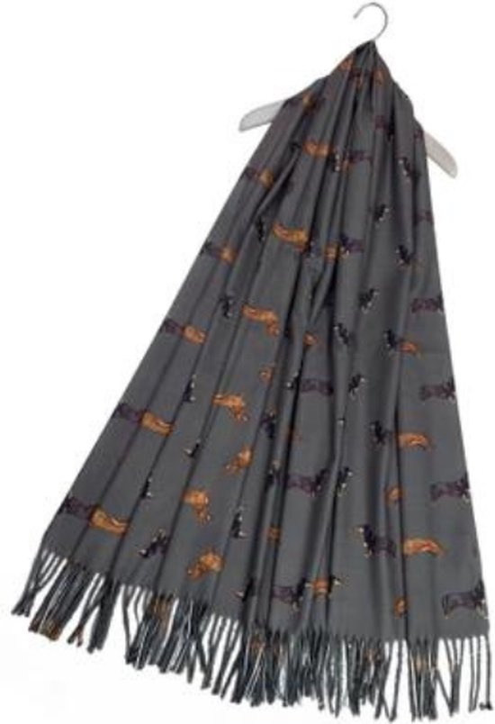 Fou de teckels | Écharpe à imprimé Teckel et pompons | Couleur Gris | Impression de chien