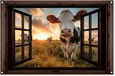 Tuinposter Koe - Doorkijk - Weiland - Dieren portret - Natuur - Koeien - Donkerbruin raam - 120x80 cm - Tuindoek - Buitenposter