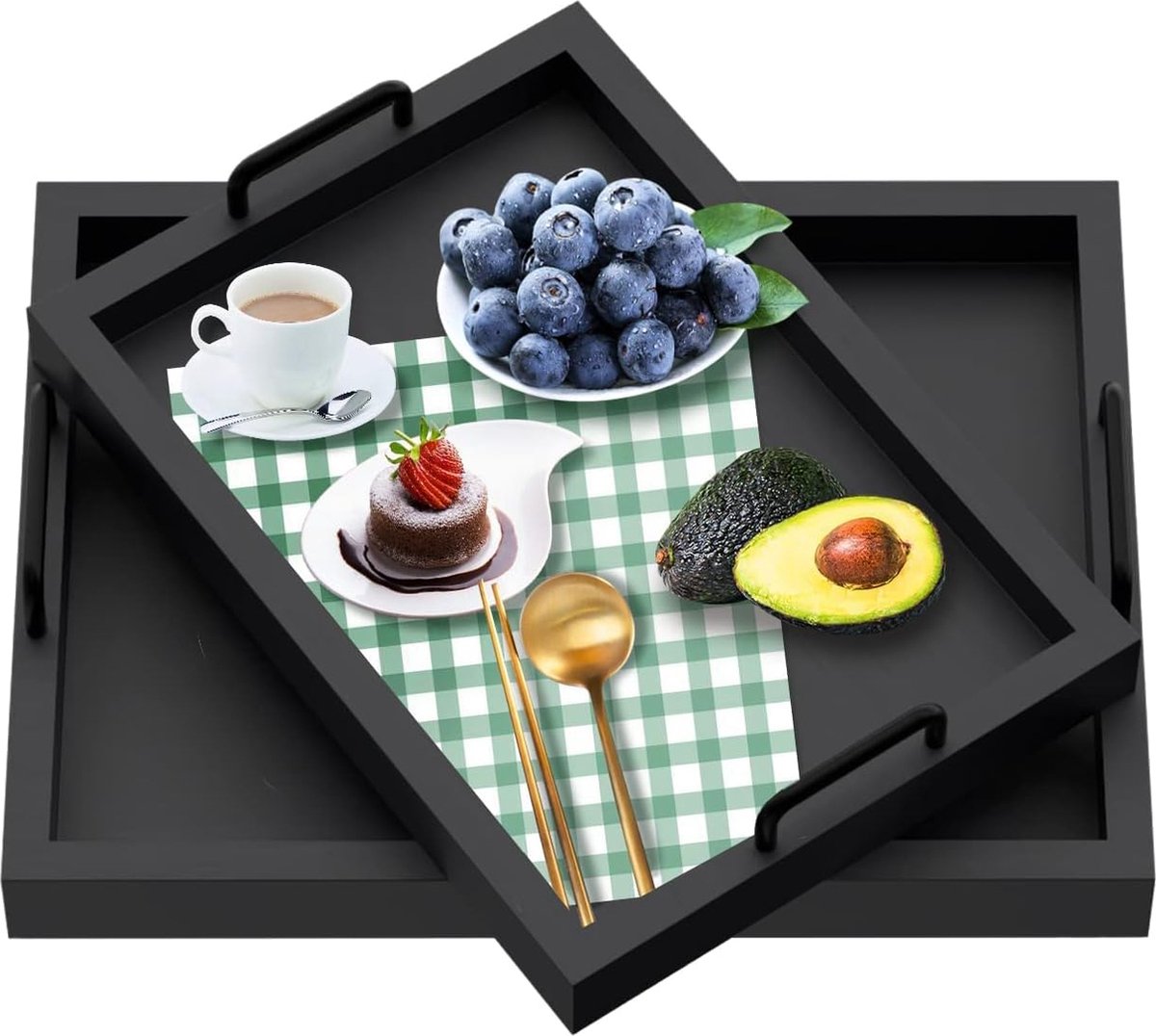 BIGLUFU Dienblad dienblad, houten dienblad, decoratie, groot voor ontbijt, bed, dienblad voor koffie, thee, broodmandje, snackbord (set van 2)
