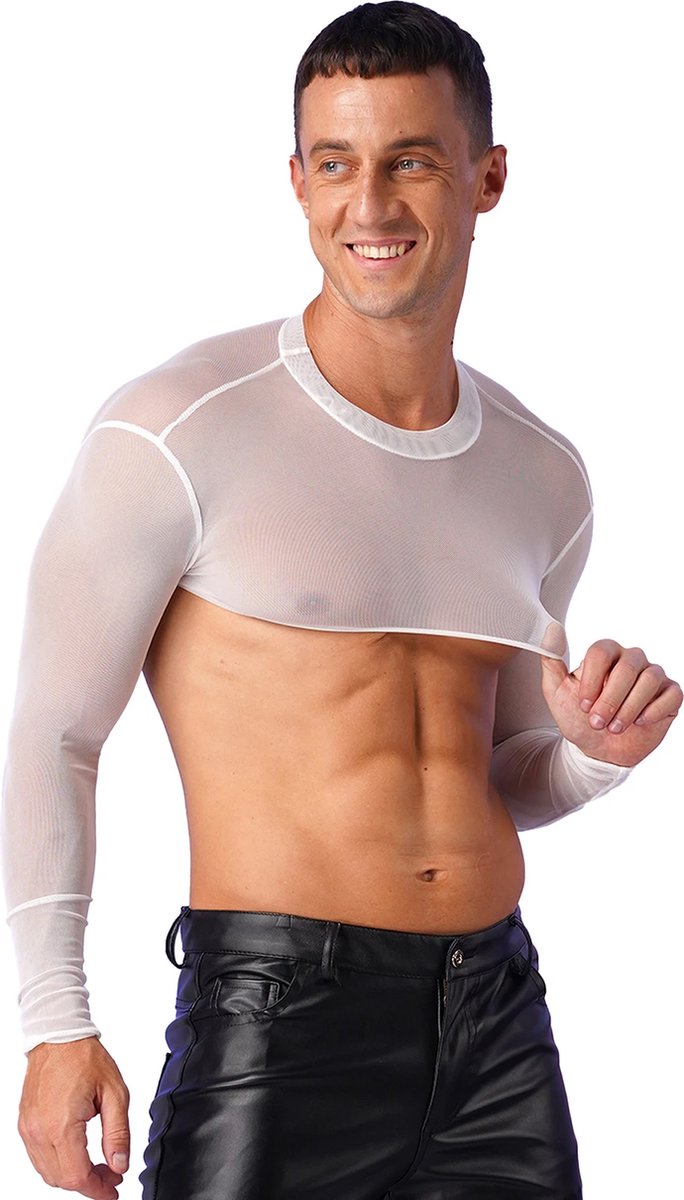 Goedkoopste Erotische transparante mannen top - Crop - Sexy heren kleding - Rollenspel - BDSM - Festival - Zwart en Wit - Uitdagend