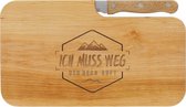 Broodplank hout met gravure "Ich muss weg - der Ber ruft" & messen | 26 x 15 cm | ontbijtplankje hout snijplank snackplank | cadeau voor wandelaars en bergvrienden