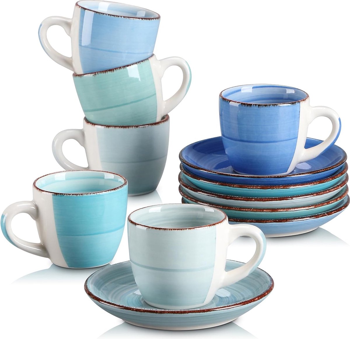 Vancasso 6 Bonita Espresso Kopjes Blauw Kop & Schotels 90ML Espresso Kopjes Met Schoteltjes Aardewerk Koffie Kopjes Vaatwasserbestendig