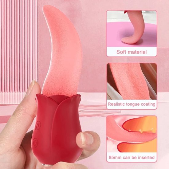 Rode tongvibrator met roosvormige basis, vastgehouden door een hand. Close-ups tonen het zachte materiaal, realistische tongcoating en inbrengdiepte.