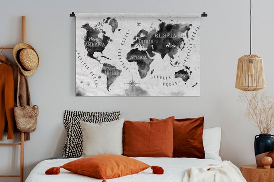Tapisserie - Wereldkaart - Aquarelle - Zwart - Wit - 120x80 cm - Tapisserie