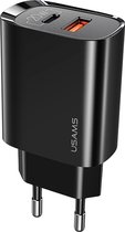 USAMS 20W Adapter met snellaadfunctie - USB-A en USB-C poort - Zwart