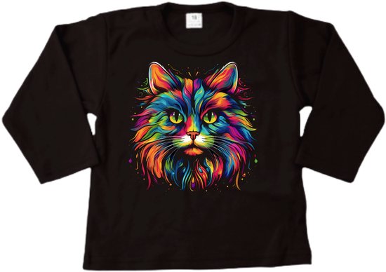 Shirt kind - Shirt met print kat - Zwart - Stoer zacht shirt met lange mouwen