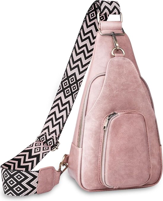Crossbody Bag met brede riem, kleine schoudertas, leren borstzak, vintage schoudertas, crossbody tas, brede riem, bodybag voor dames, sling bag, roze