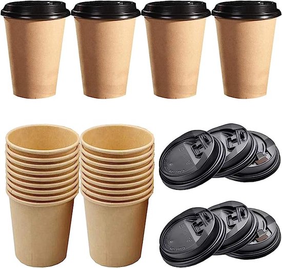 Kartonnen Koffiebeker 8oz 240ml bruin + zwarte deksels - 50 Stuks - wegwerp papieren bekers karton – drank bekers – drinkbekers- koffie beker – wegwerpbeker – Koffiekopjes – Koffiemokken - Warme en Koude Dranken - milieuvriendelijk