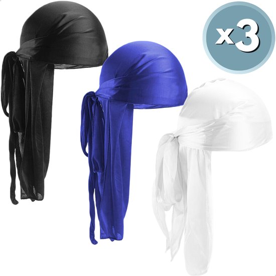 Foto: Renalux durag set van 3 stuks hoofddeksel hoofddoek wave cap haarnet haardeksel universeel xxl set van 3 kleuren zwart blauw en wit