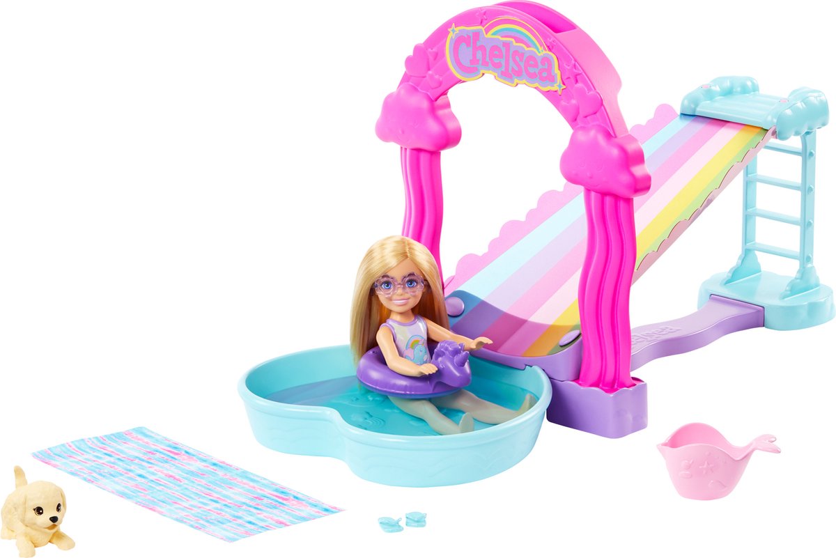 Barbie Chelsea - Regenboogwaterglijbaan speelset met pop en hond