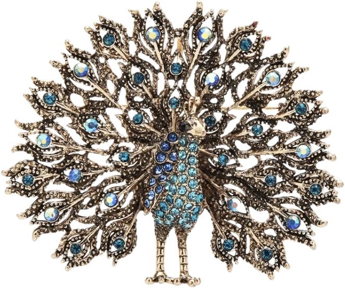 Broche Pauw Strass Blauw ( Goudkleurig ) 7 x 6.2 cm