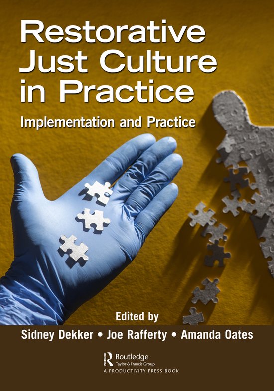 Boekomslag 'Restorative Just Culture in Practice' met een blauwe handschoen die puzzelstukjes vasthoudt op een gele achtergrond.