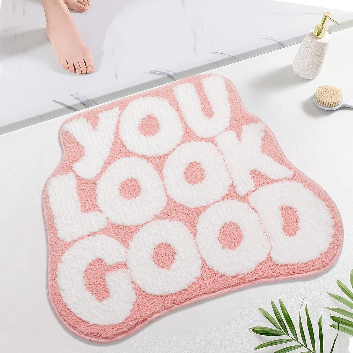 You Look Good Badmat, deurmat, gepersonaliseerd, grappig tapijt, absorberende badmat, wasbaar, badkamertapijt, antislipmat, badkuip, 70 x 54 cm, roze