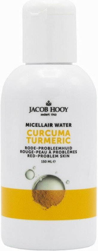 Jacob Hooy Micellair Water Curcuma met een gele band en een afbeelding van kurkumapoeder. 150 ml.