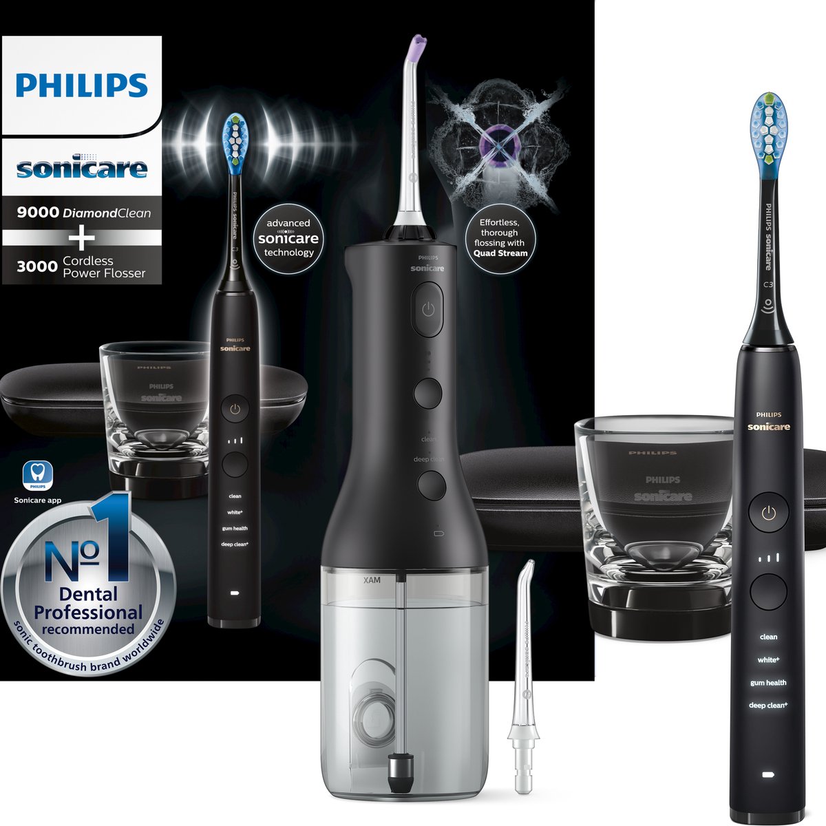 Philips Sonicare 9000 Diamond Clean Zwart (HX9911/09) + Power Flosser 3000 Monddouche Zwart (HX3806/33) - Elektrische Tandenborstel en Flosapparaat