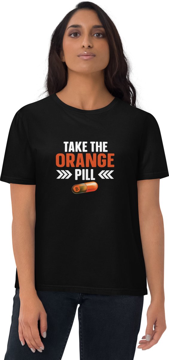Bitcoin T-shirt Take The Orange Pill - Unisex - 100% Biologisch Katoen - Kleur Zwart - Maat S | Bitcoin cadeau| Crypto cadeau| Bitcoin T-shirt| Crypto T-shirt| Crypto Shirt| Bitcoin Shirt| Bitcoin Merch| Crypto Merch| Bitcoin Kleding| Crypto Kleding