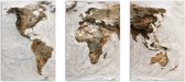 Wereldkaart drieluik Earth op houten plaat | 3x 40cm x 60cm | 100 gratis gekleurde vlaggetjes