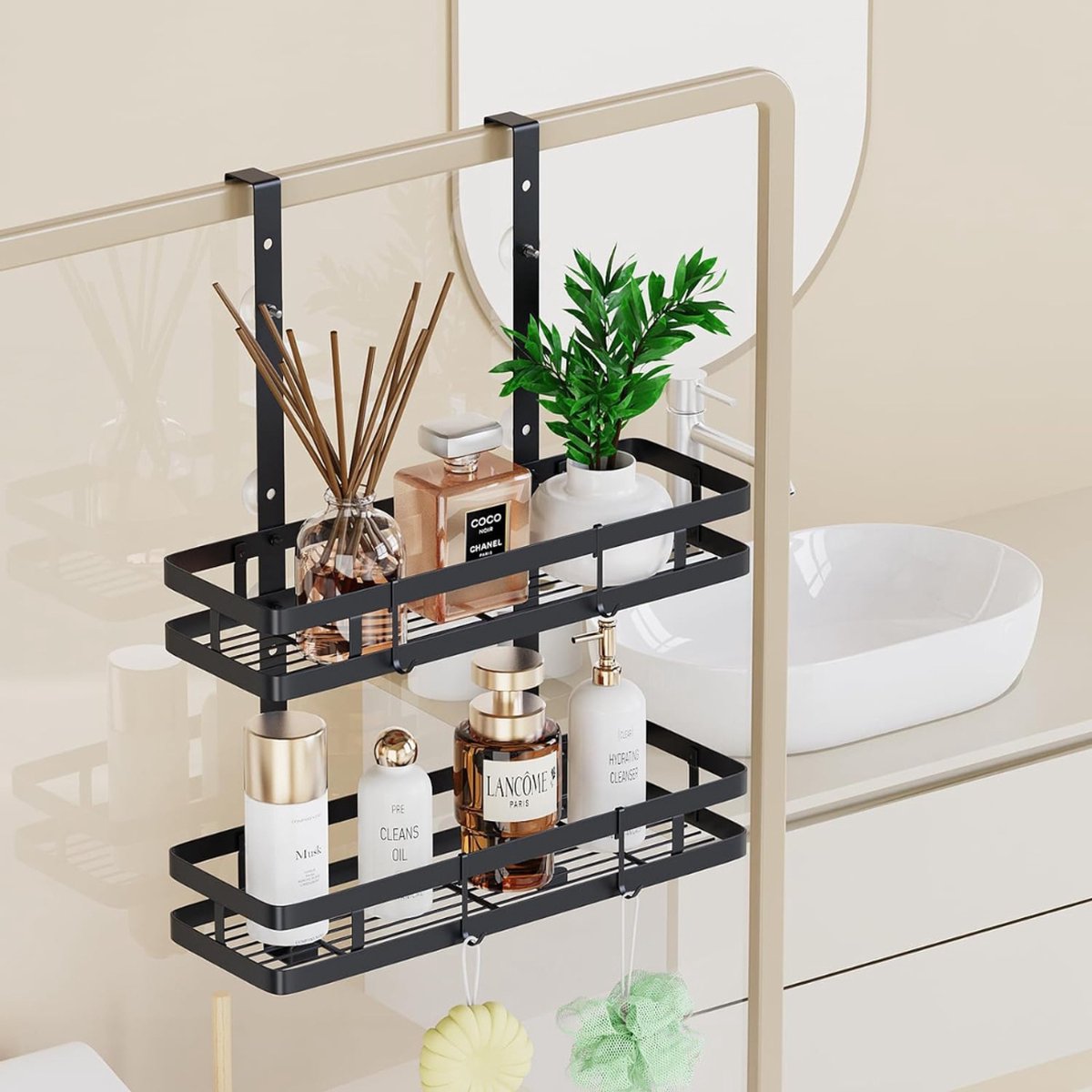 Doucherek Hangend - Zwarte Dubbele Hangende Doucheplank - Stijlvol Roestvrij Staal Doucherek zonder Boren - 2 Niveaus Badkamerorganizer met Haken voor Een Opgeruimde en Luxueuze Douche-ervaring