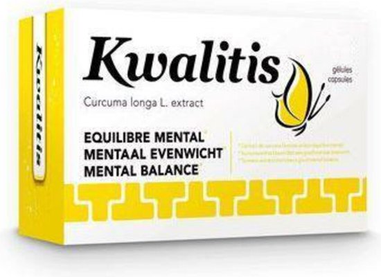 Kwalitis, 45 capsules. Curcuma longa L. extract. Emmer met motief van een gele vlinder.