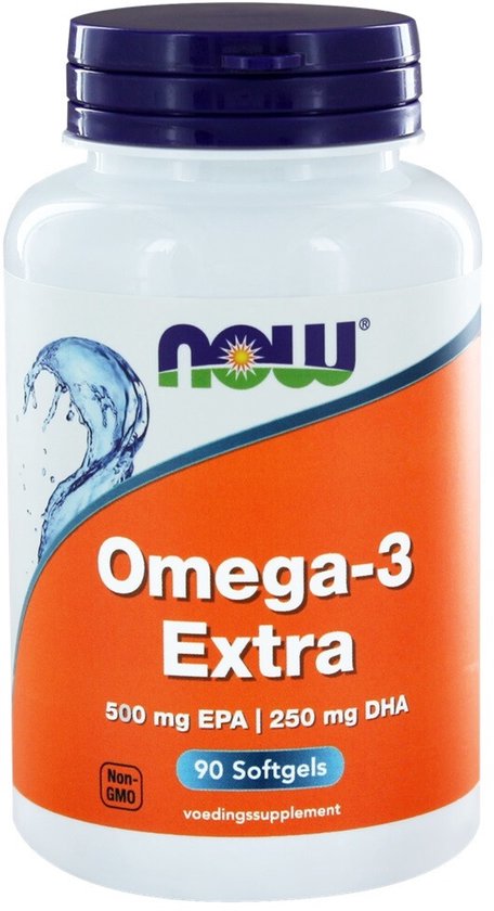 Witte fles met blauwe dop. Oranje label met water splash, 'NOW' logo en 'Omega-3 Extra'. 90 Softgels.