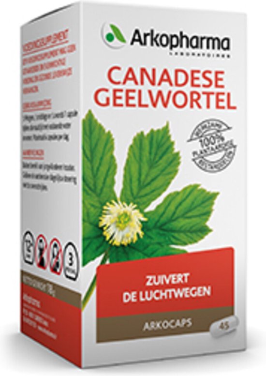 Doosje Arkocaps Canadese Geelwortel met plant. Bevat 45 capsules. Vegan.