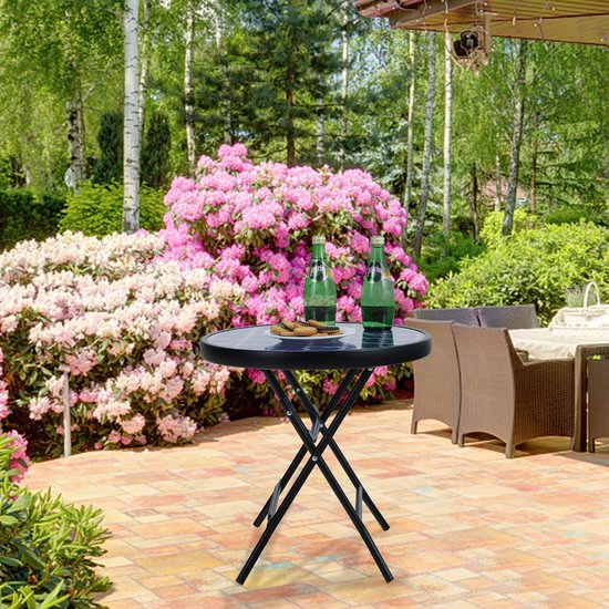 PHIVILLA Inklapbare ronde bijzettafel van metaal met glas, tuintafel, koffietafel, klein, balkontafel, weerbestendig, onderhoudsvriendelijk, voor balkon, tuin, terras, woonkamer