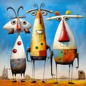 JJ-Art (Glas) 60x60 | Grappige koeien, humor, abstract, Salvador Dali, Joan Miro stijl, surrealisme, kunst | Koe, stier, blauw, rood, bruin, wit, modern, vierkant | Foto-schilderij-glasschilderij-acrylglas-acrylaat-wanddecoratie