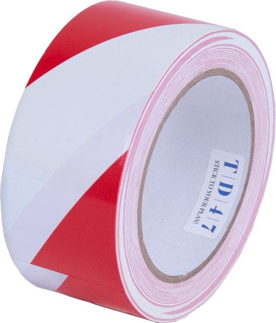 Rol rood-wit gestreepte PVC-veiligheidstape, 50mm x 33m.