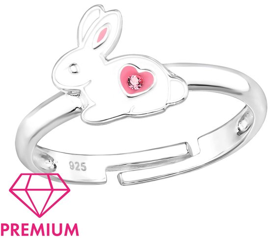 Joie|S - Bague lapin argenté réglable - avec coeur rose - cristal - pour enfant
