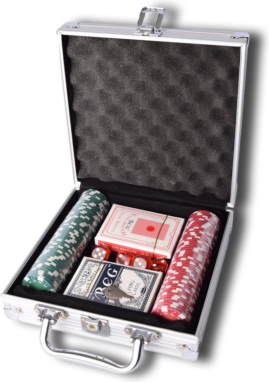 Foto: Luxe poker set in aluminium koffer inclusief 100 chips pokerkaarten en 5 dobbelstenen 21cm x 21cm